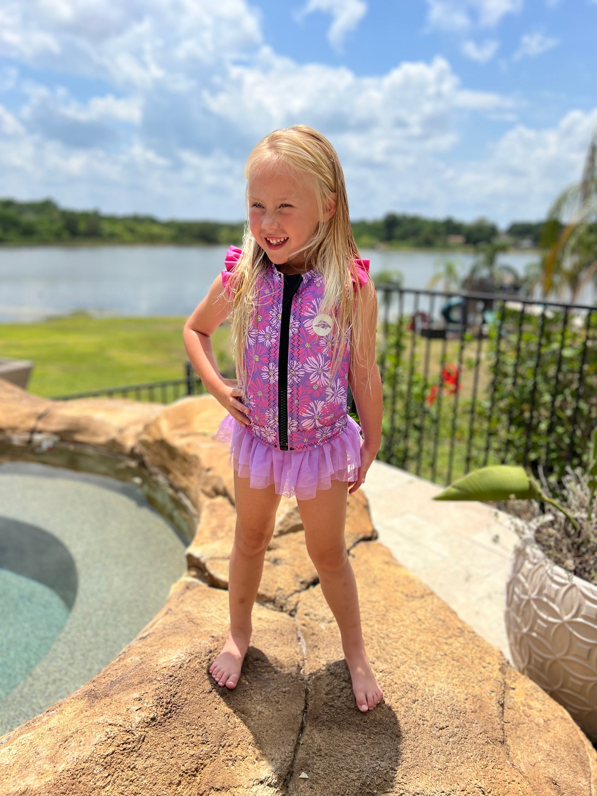 Girls' Floral Ruffle Swim Vest – Pink & Purple