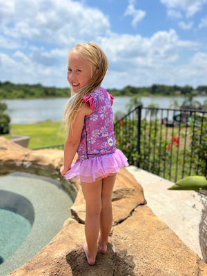 Girls' Floral Ruffle Swim Vest – Pink & Purple
